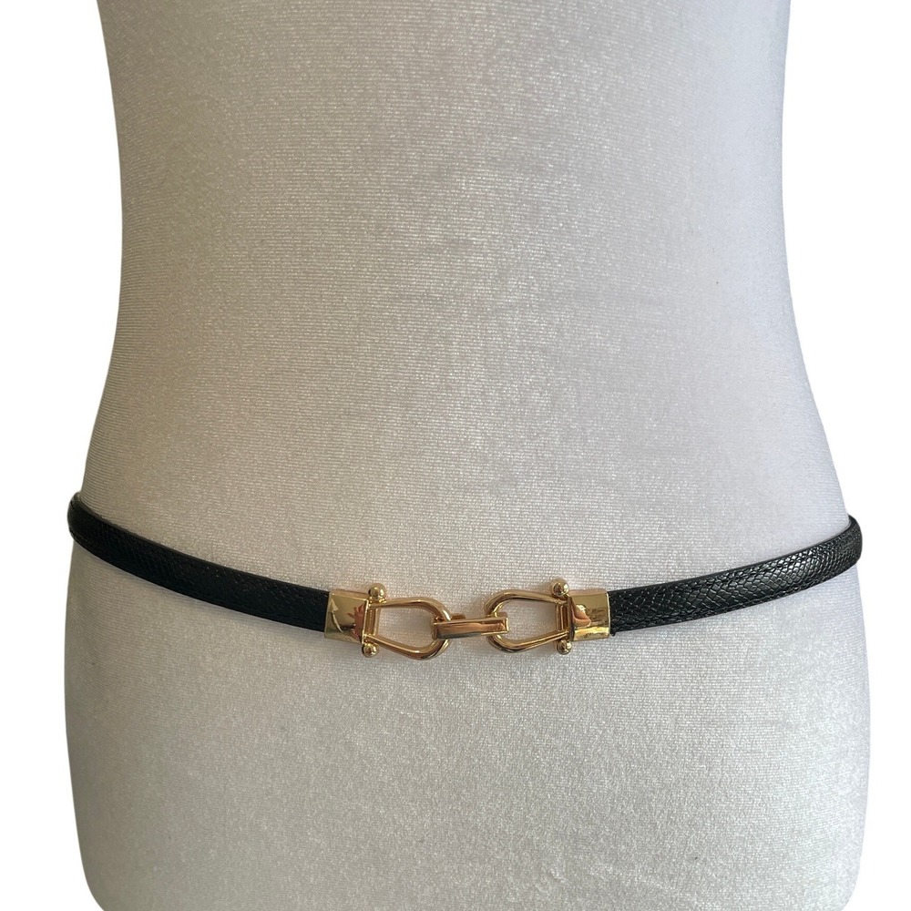 Black Textured Skinny Leather Waist Belt Interlocking Horsebit Buckle Adjustable